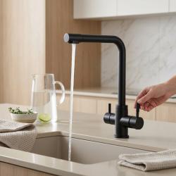 black-modern-kitchen-faucet-with-water-flow